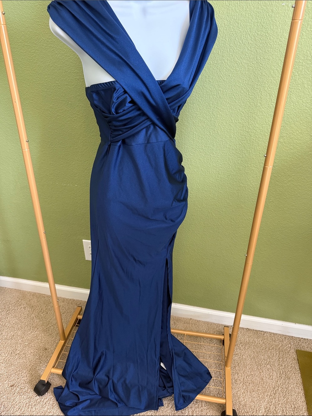 Fashion Nova Off Shoulder Navy Blue Ruched Gown with Side Slit - Picture 3 of 6